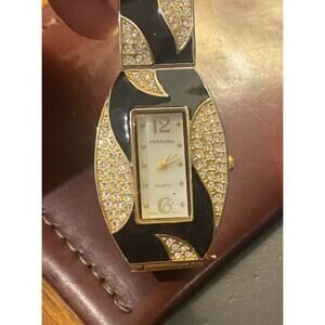 Women's 28mm Persona Dress Watch, Black Enamel and Crystal Accented